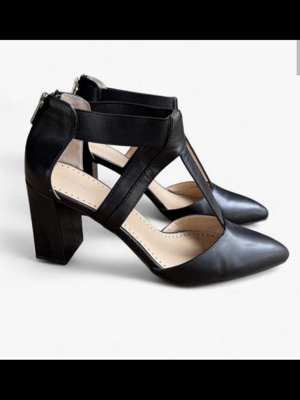 Adrienne Vittadini Black Strappy Pointed Block Heel Pumps
